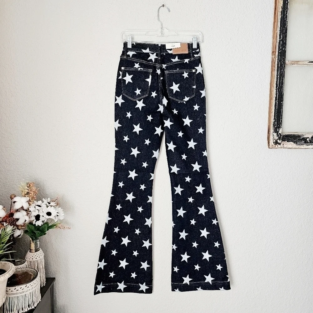 Judy Blue HR Dark Wash Star Print Flare Jeans Classic Americana Various NEW